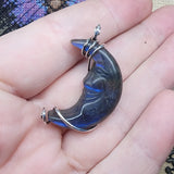 Carved Face Blue Labradorite Crescent Moon Pendant - Sterling Silver with Rose Gold Accent