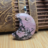 Rhodonite Moon Pendant Dendritic - Silver Tone Bail