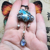 "Oregon Coast Rain" Labradorite Cloud with Rainbow Moonstone Raindrop Pendant - Storm Size