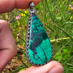 Teardrop Malachite Plume Pendant in Antiqued Sterling Silver