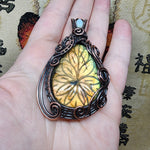Large Carved Green Gold Orange Labradorite Flower and Austrailian Opal in Copper - Rock Your World 