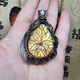 Large Carved Green Gold Orange Labradorite Flower and Austrailian Opal in Copper