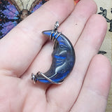 Carved Face Blue Labradorite Crescent Moon Pendant - Sterling Silver with Rose Gold Accent