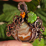 Crazy Lace Agate Pumpkin Pendant – Copper Vine + Czech Glass Leaf