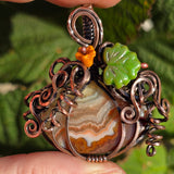 Crazy Lace Agate Pumpkin Pendant – Copper Vine + Czech Glass Leaf