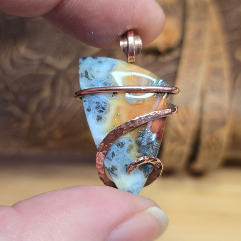 Flaming Common Opal with Marcasite Pendant – Copper Wrapped Necklace