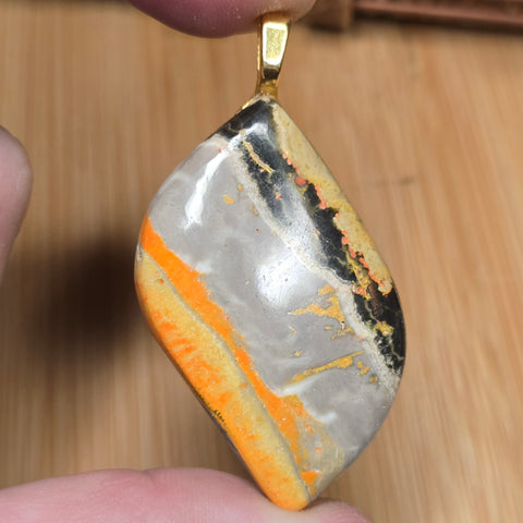 Bumblebee Jasper Flame Curve Pendant – Volcanic Carbonate Beauty in Gold Tone