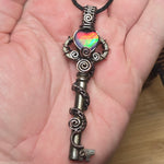 Skeleton Key with Rose Cut Heart Aurora Opal Doublet Wire Wrapped Pendant