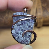 Raw Amethyst Druzy Crystal Pendant - Hammered Copper Wrap