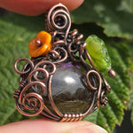 Purple Labradorite Wire Wrapped Pumpkin Pendant - Antiqued Copper Czech Glass