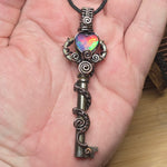 Skeleton Key with Rose Cut Heart Aurora Opal Doublet Wire Wrapped Pendant