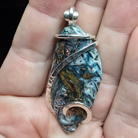 77ct Aquadite Gem Silica with Native Copper Pendant in Sterling Silver