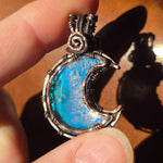 Marcasite Agate + Aurora Opal Moon Pendant – Frost Moon in Copper