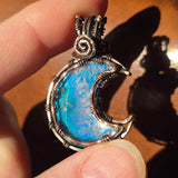 Marcasite Agate + Aurora Opal Moon Pendant – Frost Moon in Copper