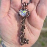 Skeleton Key with Rainbow Heart Aurora Opal Doublet Wire Wrapped Pendant