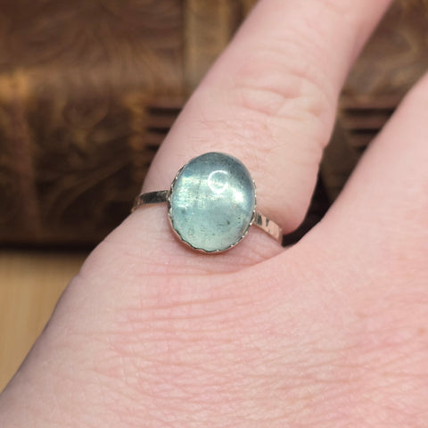Big Blue Aquamarine Ring sz 9 – Hammered Sterling Silver