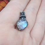 Flashy Rose Cut Rainbow Moonstone Antiqued Sterling Silver Pendant