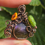 Purple Labradorite Wire Wrapped Pumpkin Pendant - Antiqued Copper Czech Glass