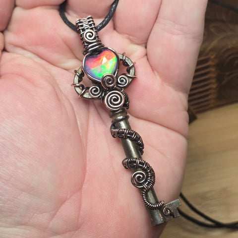 Skeleton Key with Rose Cut Heart Aurora Opal Doublet Wire Wrapped Pendant