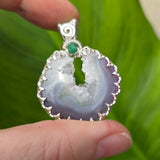 Purple Banded Agate Geode Pendant – Sterling Silver with Emerald Accent - Rock Your World 