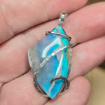 White Plume Agate Pendant – Sterling Silver + Teal Aurora Opal