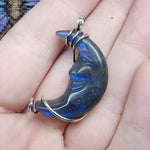 Carved Face Blue Labradorite Crescent Moon Pendant - Sterling Silver with Rose Gold Accent