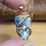 Common Opal with Marcasite Pendant Copper Wrapped - Red Orange Cream White