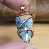 Common Opal with Marcasite Pendant Copper Wrapped - Red Orange Cream White
