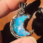 Marcasite Agate + Aurora Opal Moon Pendant – Frost Moon in Copper