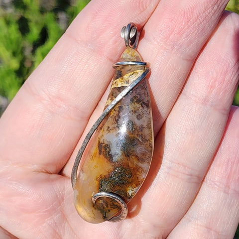 Oregon Graveyard Point Plume Agate Pendant in Sterling Silver with Marcasite
