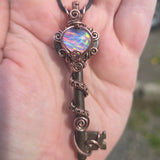 Skeleton Key with Rainbow Heart Aurora Opal Doublet Wire Wrapped Pendant