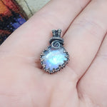 Flashy Rose Cut Rainbow Moonstone Antiqued Sterling Silver Pendant