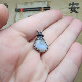 Teal Blue Rose Cut Rainbow Moonstone Antiqued Sterling Silver Pendant