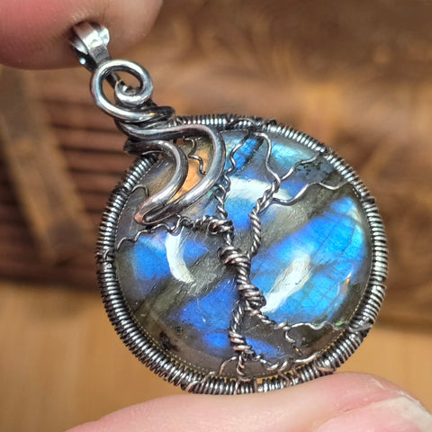 Labradorite Moon Spooky Tree of Life Pendant – Oxidized Sterling Silver