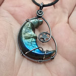 Carved Face Rainbow Labradorite Crescent Moon with Hematite Star Pendant in Sterling Silver