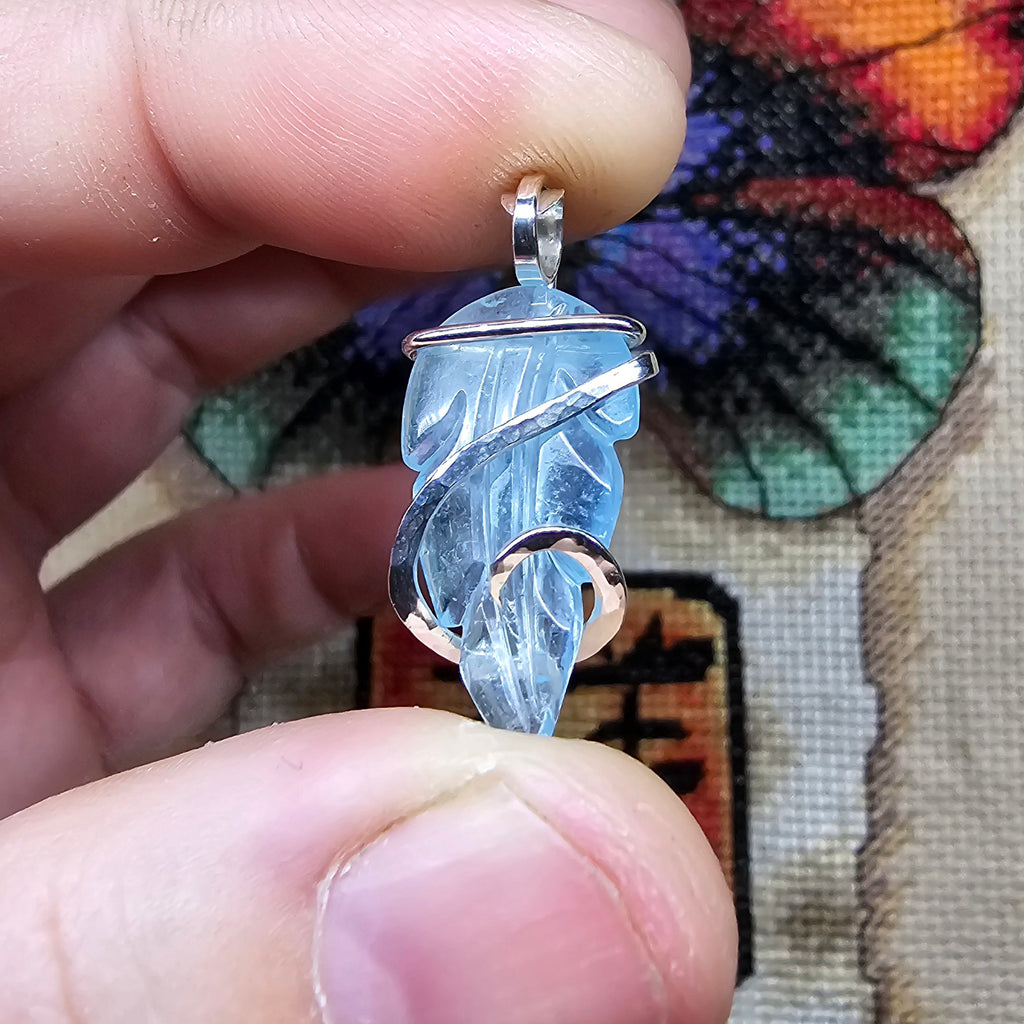 Carved Blue Aquamarine Leaf Wire Wrapped Pendant in Sterling Silver