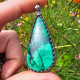 Teardrop Malachite Plume Pendant in Antiqued Sterling Silver