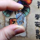 Carved Blue Aquamarine Leaf Wire Wrapped Pendant in 14kt Rose Gold Fill