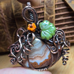 Crazy Lace Agate Pumpkin Pendant – Copper Vine + Czech Glass Leaf