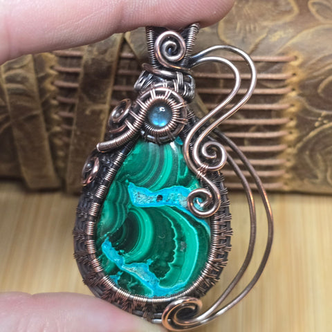 Malachite Chrysocolla Pendant - Intricate Wire Wrap Antiqued Copper