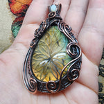 Large Carved Green Gold Orange Labradorite Flower and Austrailian Opal in Copper