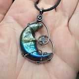 Carved Face Rainbow Labradorite Crescent Moon with Hematite Star Pendant in Sterling Silver
