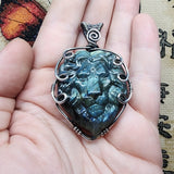 Carved Ocean Blue Labradorite Lion Pendant in Sterling Silver