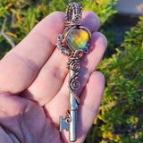 Dark Flash Aurora Opal Key Pendant - Copper Wirewrap Skeleton Key