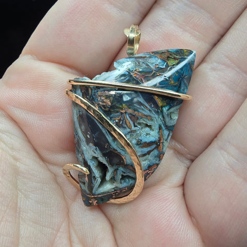 81ct Aquadite - Rare Gem Silica with Native Copper Pendant in Yellow Gold Fill