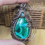Malachite Chrysocolla Pendant - Intricate Wire Wrap Antiqued Copper