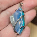 White Plume Agate Pendant – Sterling Silver + Teal Aurora Opal