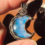Marcasite Agate + Aurora Opal Moon Pendant – Frost Moon in Copper