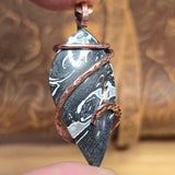 Rare Black + White Fossilized Palm Root Pendant - Copper Wrap Pendant
