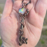 Skeleton Key with Rainbow Heart Aurora Opal Doublet Wire Wrapped Pendant